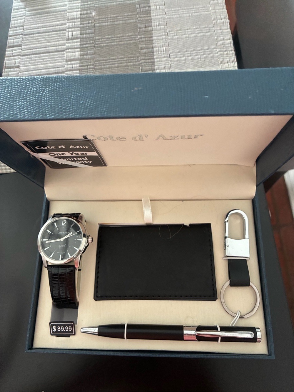 Cote d'Azar Men's Black Watch Gift Set with Wallet, Keychain & Pen